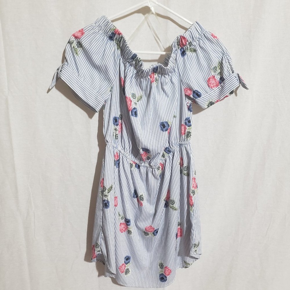 Short Sleeve Striped Floral Off Shoulder Blouse
